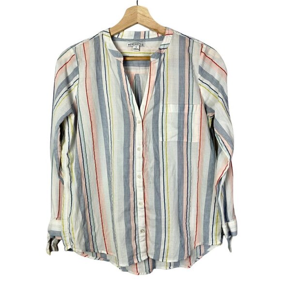 J. Crew Mercantile Tie Sleeve Striped Collarless Button Down Long Sleeve S - Picture 2 of 5